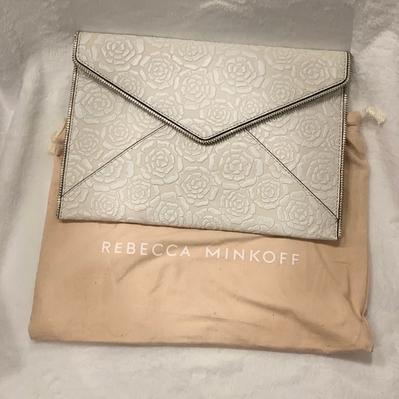 Rebecca Minkoff White and Tan Leather Floral Leo Clutch w/Dust Bag! - Picture 10 of 10